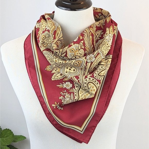 Large Burgundy and Gray Bold Floral 25" Square Silky Statement Scarf Vintage 70s - Picture 4 of 5